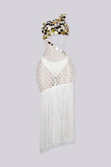 Crochet one shoulder dress with gold sequin accents on top featuring asymmetrical fringe hem