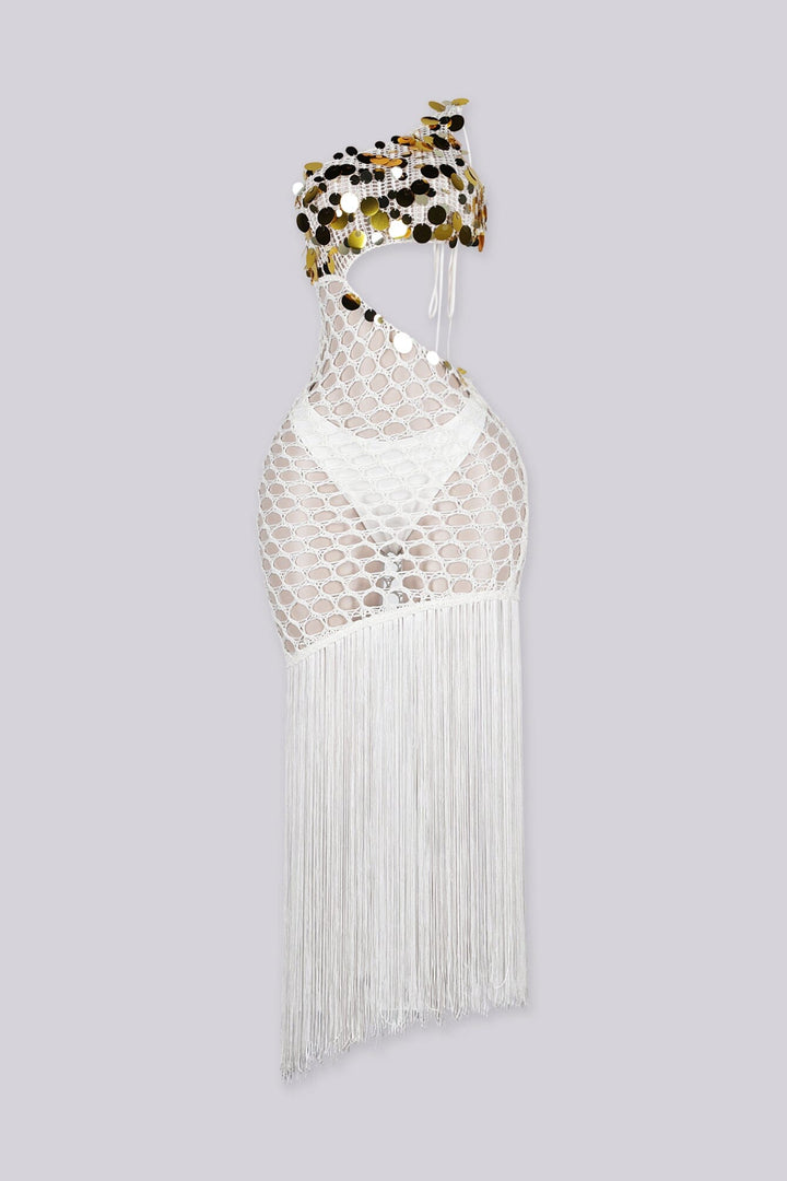 Crochet one shoulder dress with gold sequin accents on top featuring asymmetrical fringe hem