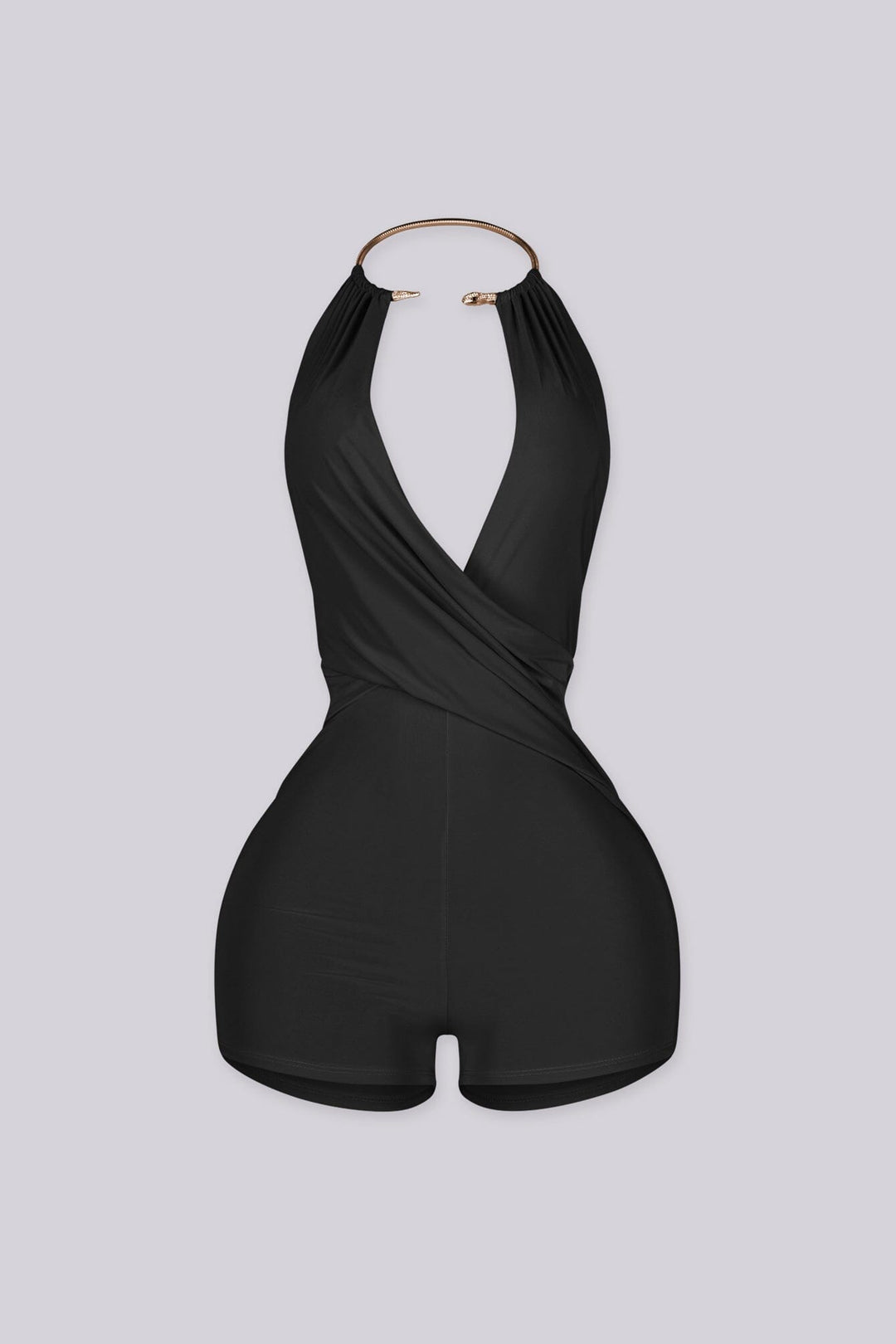 Deep plunging halter romper with snake rhinestone choker detailing
Ruched front with adjustable drawstring and sculpted bodycon fit