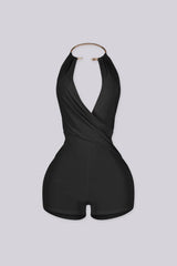 Deep plunging halter romper with snake rhinestone choker detailing
Ruched front with adjustable drawstring and sculpted bodycon fit