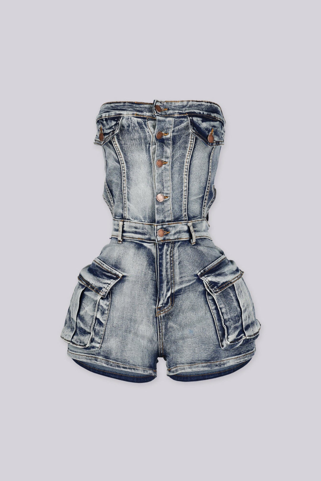 Strapless washed vintage denim cutout romper
Cargo style flap pockets with belt loops and elastic ruffle back
