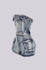 Strapless washed vintage denim cutout romper
Cargo style flap pockets with belt loops and elastic ruffle back