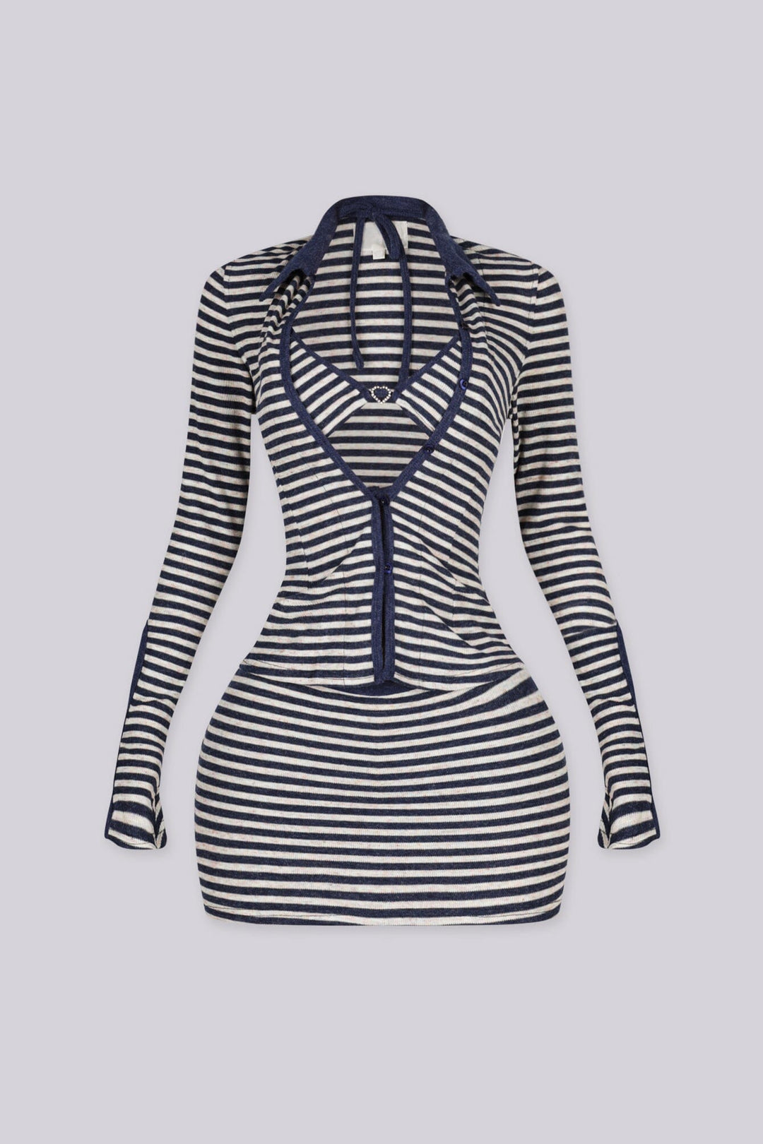 Collared long sleeve top with button front closure Striped knit set with bralette included