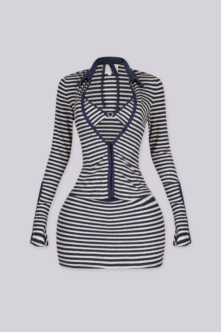 Collared long sleeve top with button front closure Striped knit set with bralette included