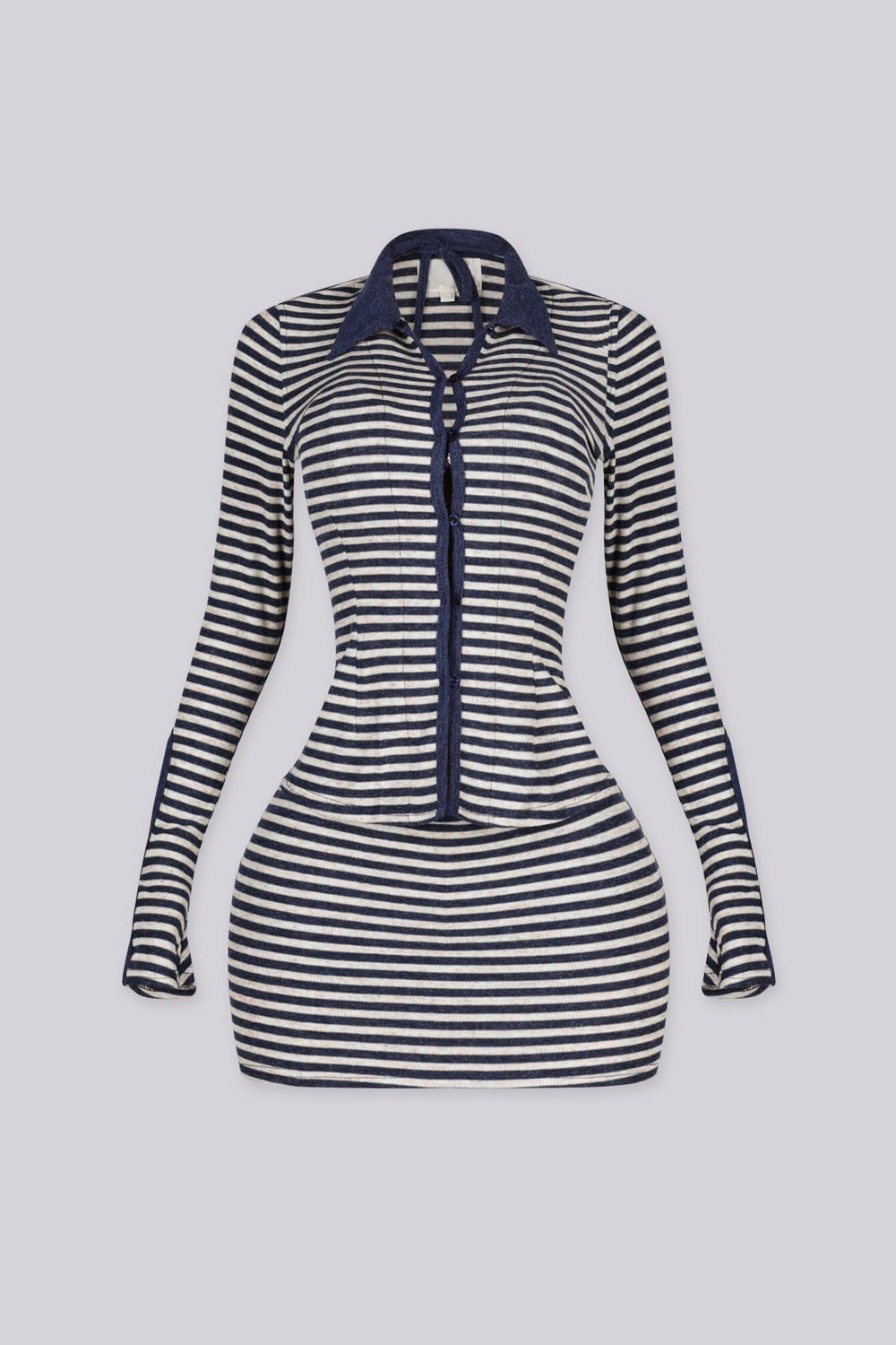 Collared long sleeve top with button front closure Striped knit set with bralette included