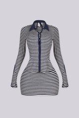 Collared long sleeve top with button front closure Striped knit set with bralette included