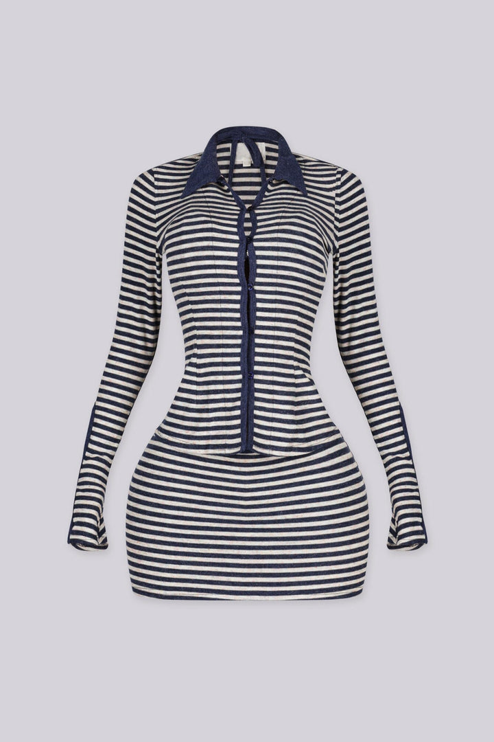 Collared long sleeve top with button front closure Striped knit set with bralette included