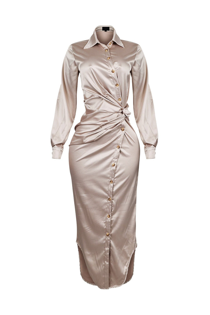 EDGE — champagne satin long sleeve shirt maxi dress with knot waist detail, front view flat lay