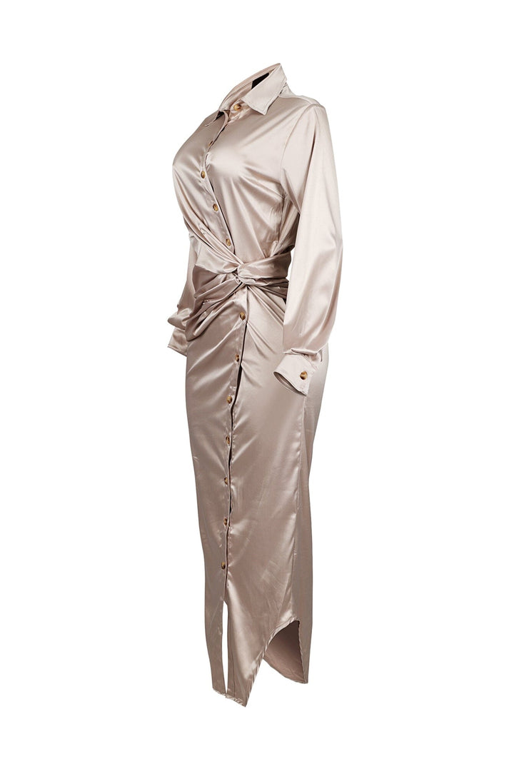 EDGE — champagne satin long sleeve shirt maxi dress with knot waist detail, side view flat lay