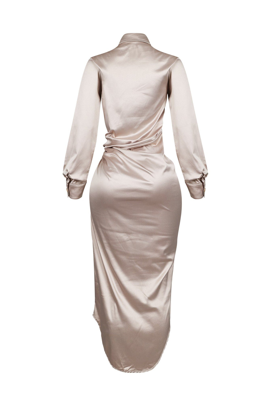EDGE — champagne satin long sleeve shirt maxi dress, back view flat lay