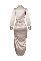 EDGE — champagne satin long sleeve shirt maxi dress, back view flat lay