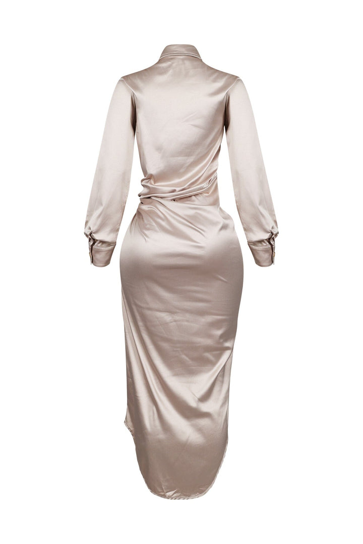 EDGE — champagne satin long sleeve shirt maxi dress, back view flat lay