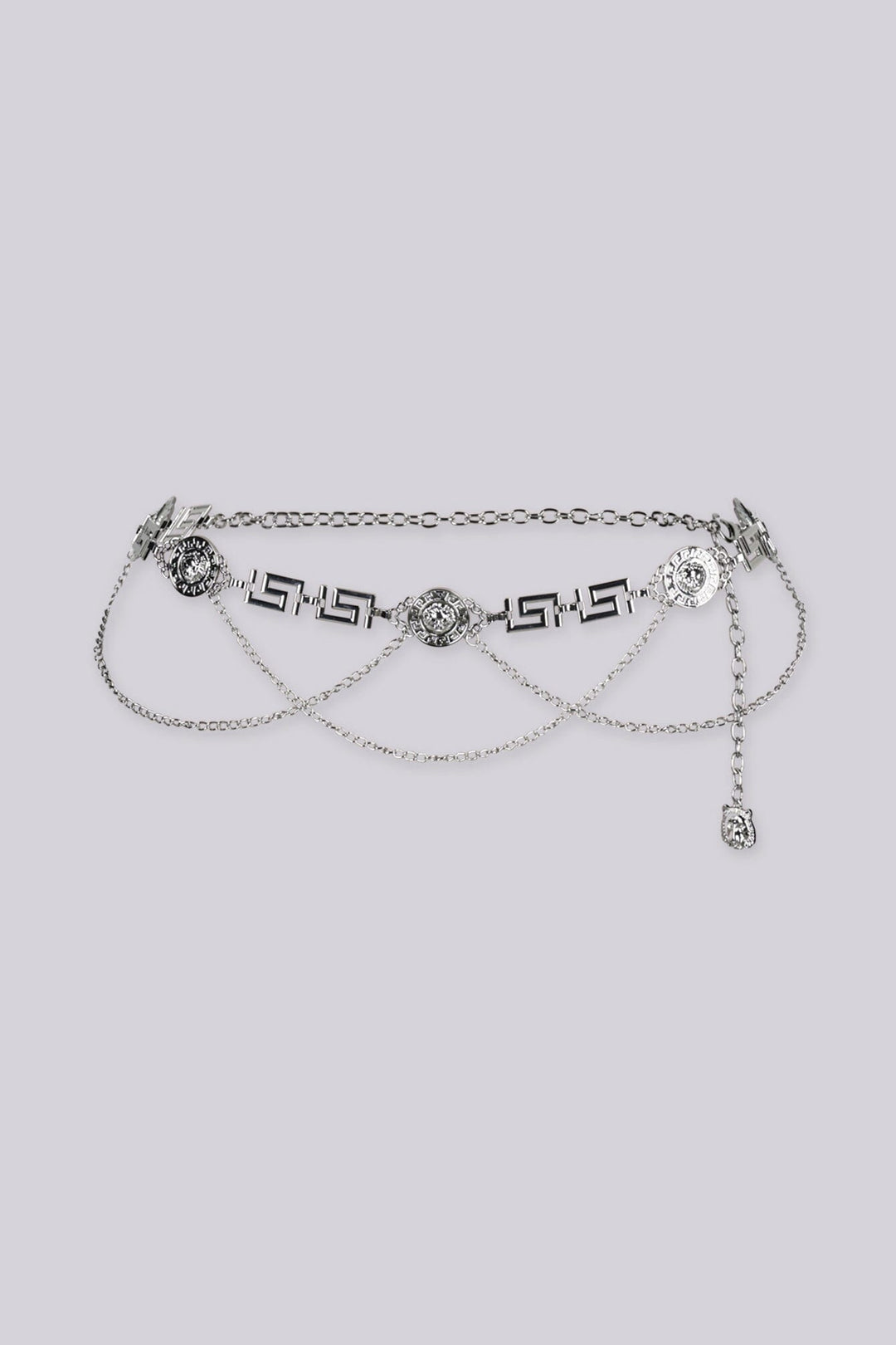 EDGE — silver lion medallion chain belt with layered draped chains, flat product shot