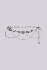 EDGE — silver lion medallion chain belt with layered draped chains, flat product shot