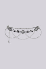EDGE — silver lion medallion chain belt with layered draped chains, alternate angle flat product shot