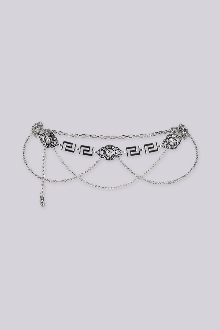 EDGE — silver lion medallion chain belt with layered draped chains, alternate angle flat product shot