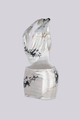 Halter mini dress with deep draped cowl neckline featuring midriff cut outs that create a two-piece illusion