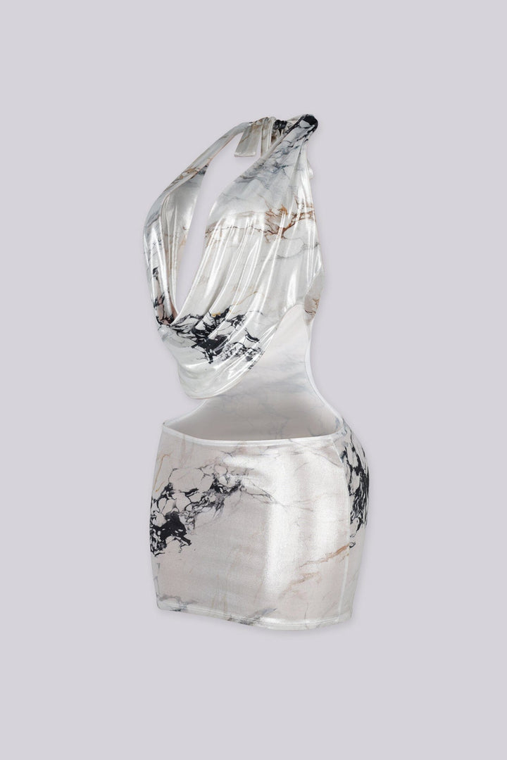 Halter mini dress with deep draped cowl neckline featuring midriff cut outs that create a two-piece illusion
