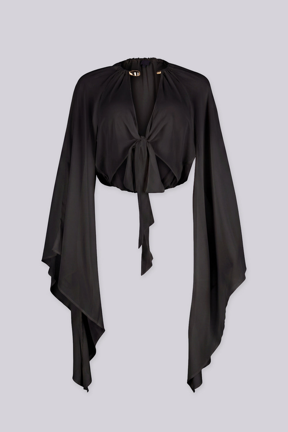 Sheer chiffon deep plunging wrap blouse with a tie closure at the waist