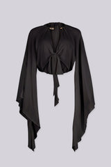 Sheer chiffon deep plunging wrap blouse with a tie closure at the waist