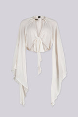 Sheer chiffon deep plunging wrap blouse with a tie closure at the waist