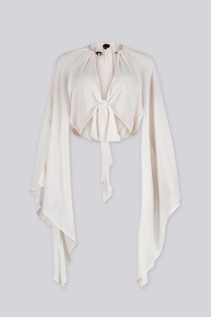 Sheer chiffon deep plunging wrap blouse with a tie closure at the waist