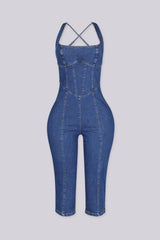 Dark denim capri jumpsuit with adjustable crisscross straps