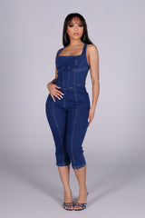 Dark denim capri jumpsuit with adjustable crisscross straps