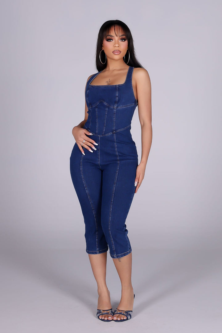 Dark denim capri jumpsuit with adjustable crisscross straps