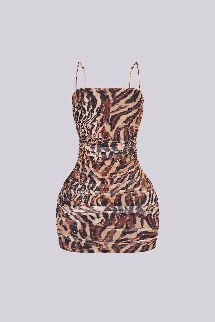 Mesh leopard print ruched mini dress featuring all over rhinestone embellishments
