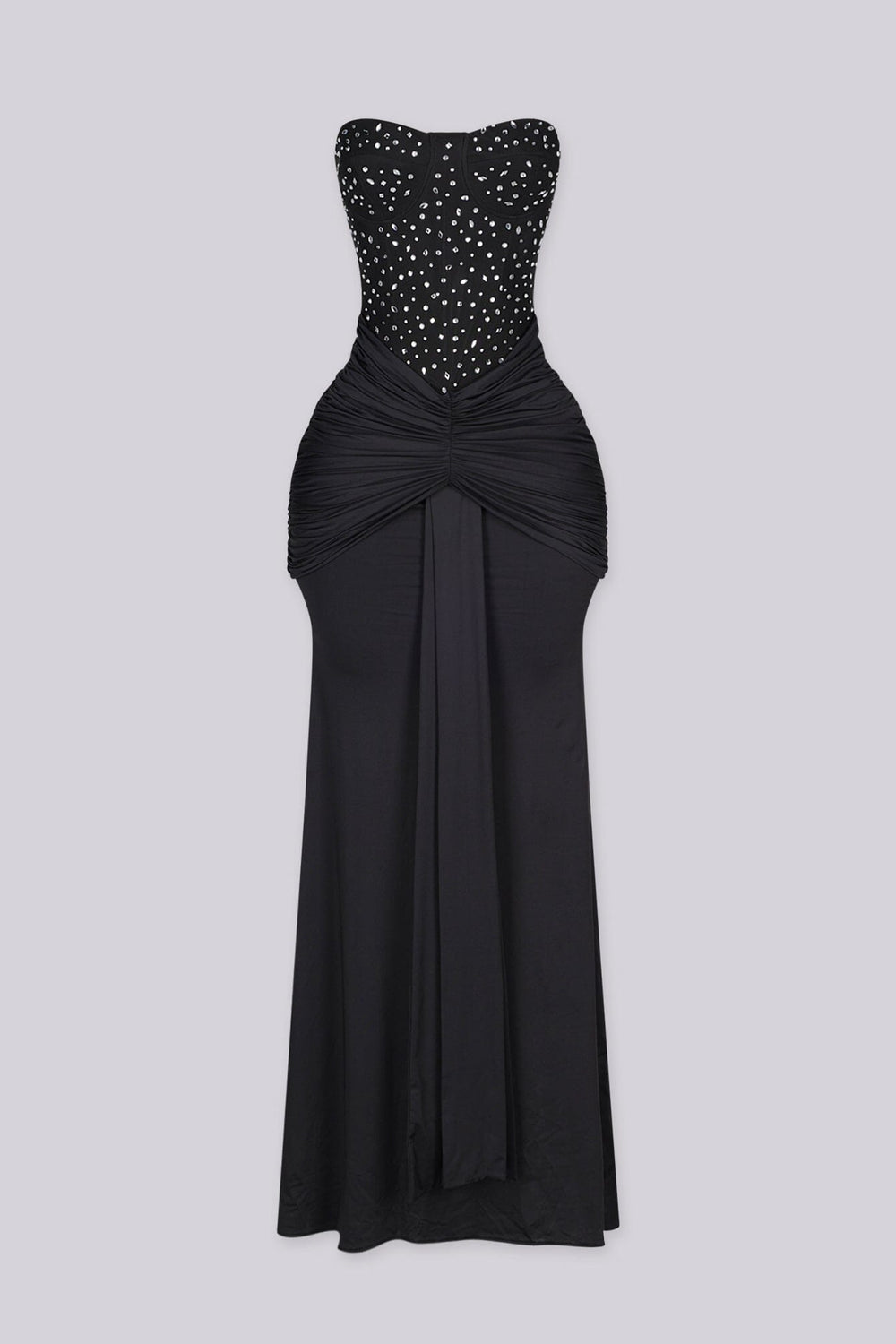 Strapless maxi gown with scattered crystal and rhinestone embellishment throughout the bodice