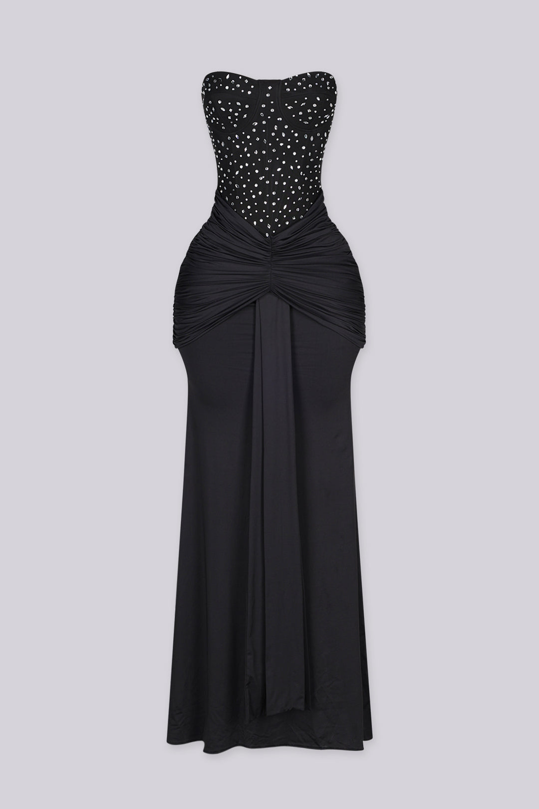 Strapless maxi gown with scattered crystal and rhinestone embellishment throughout the bodice