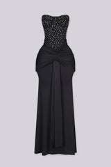 Strapless maxi gown with scattered crystal and rhinestone embellishment throughout the bodice