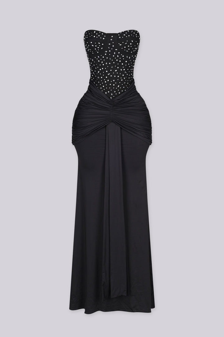 Strapless maxi gown with scattered crystal and rhinestone embellishment throughout the bodice