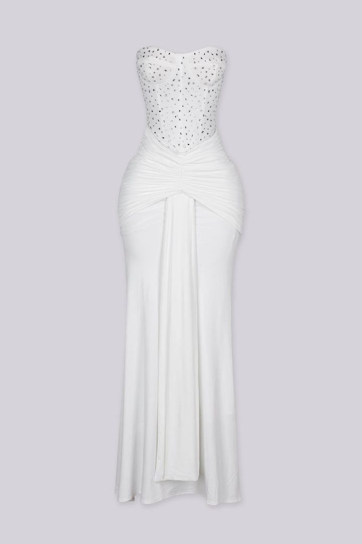 Strapless maxi gown with scattered crystal and rhinestone embellishment throughout the bodice