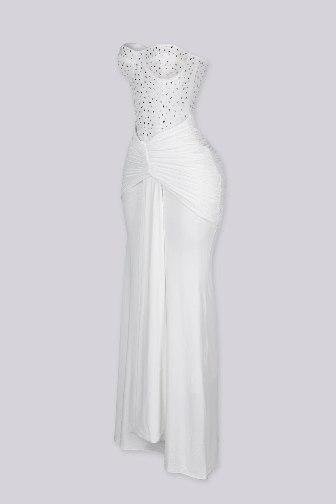 Strapless maxi gown with scattered crystal and rhinestone embellishment throughout the bodice
