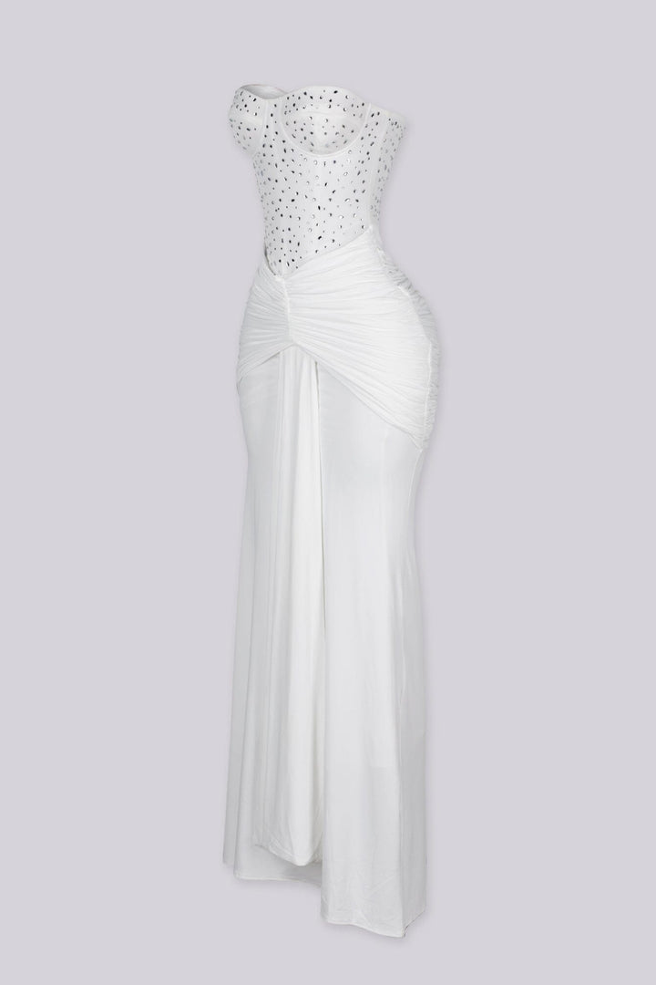 Strapless maxi gown with scattered crystal and rhinestone embellishment throughout the bodice