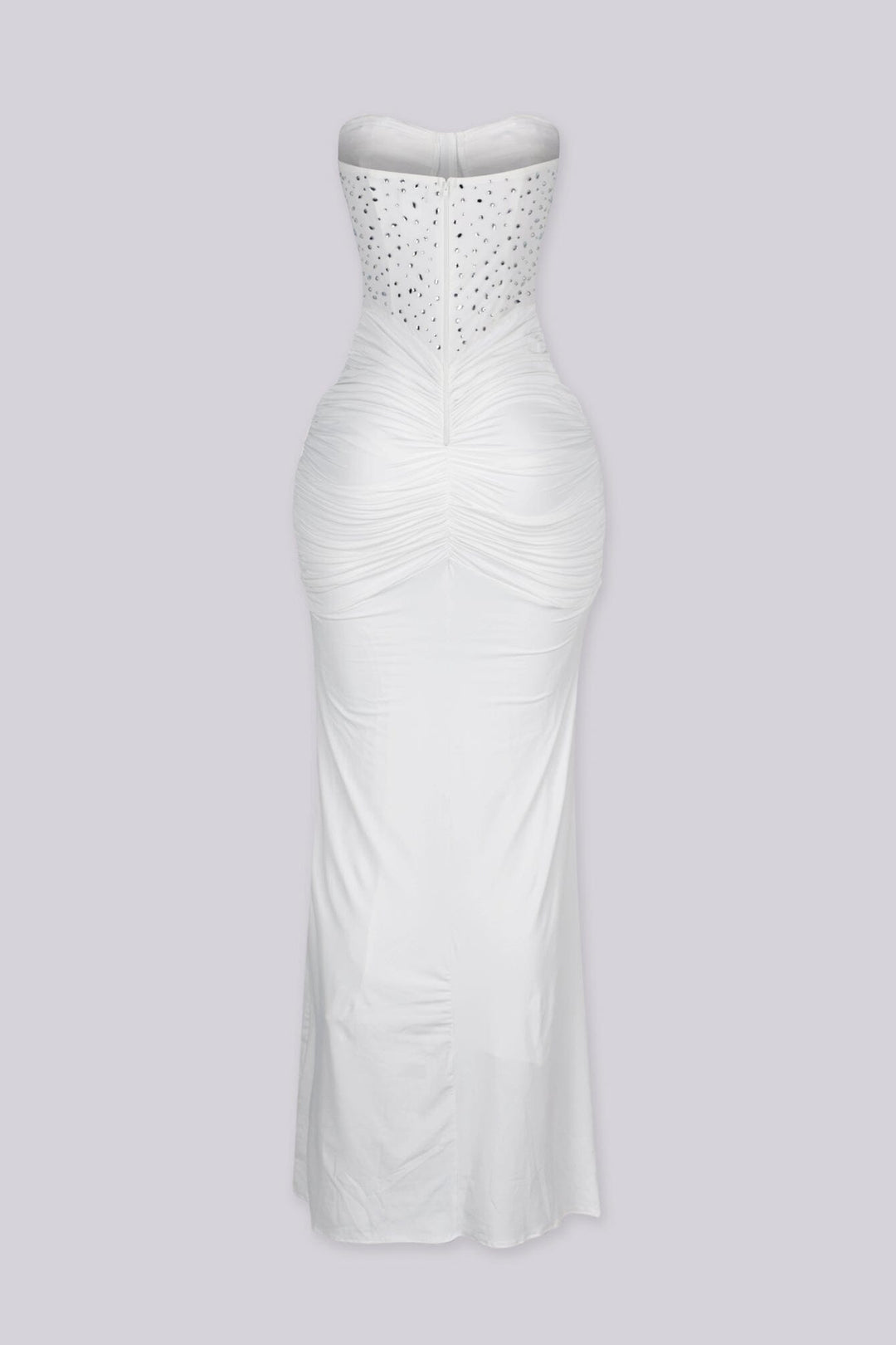 Strapless maxi gown with scattered crystal and rhinestone embellishment throughout the bodice