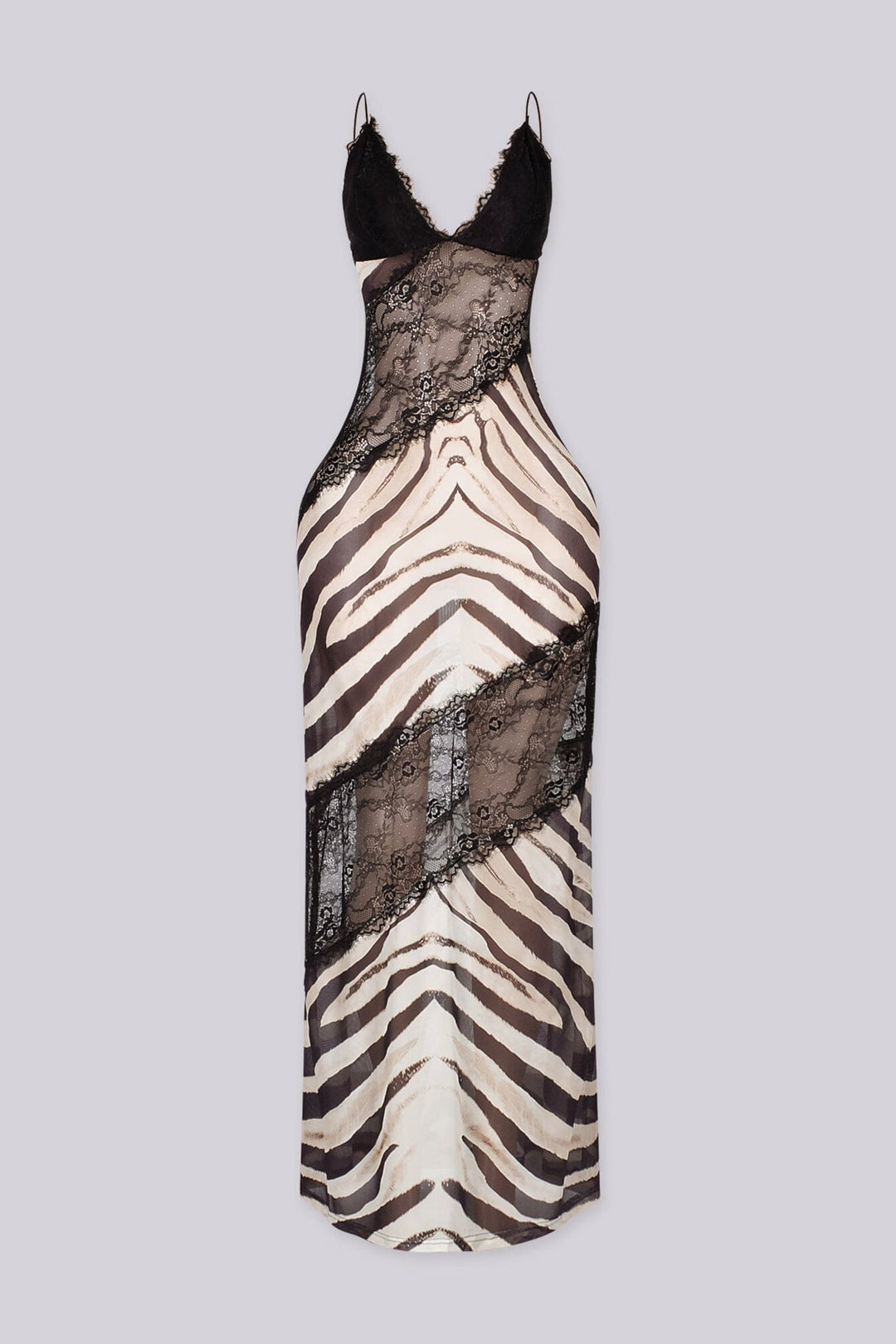 Animal print maxi slip dress featuring V neckline with spaghetti straps and sheer black lace spliced paneling