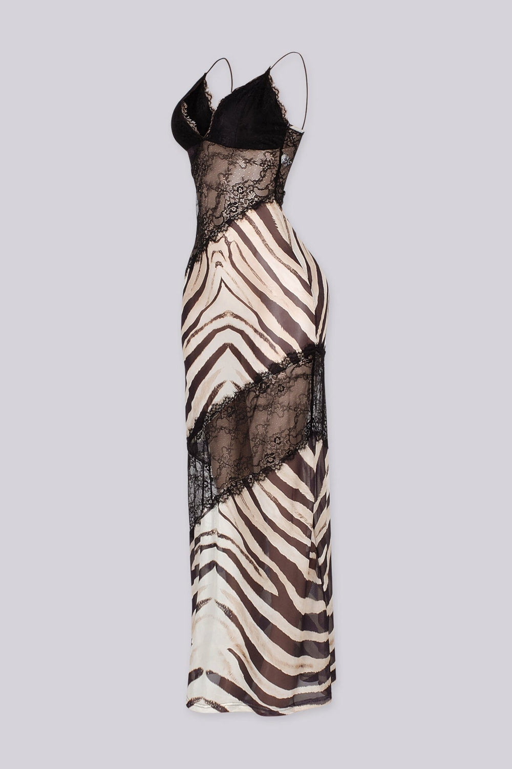 Animal print maxi slip dress featuring V neckline with spaghetti straps and sheer black lace spliced paneling