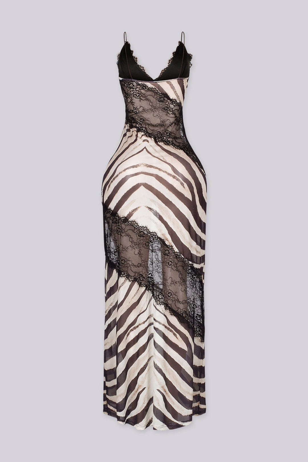 Animal print maxi slip dress featuring V neckline with spaghetti straps and sheer black lace spliced paneling