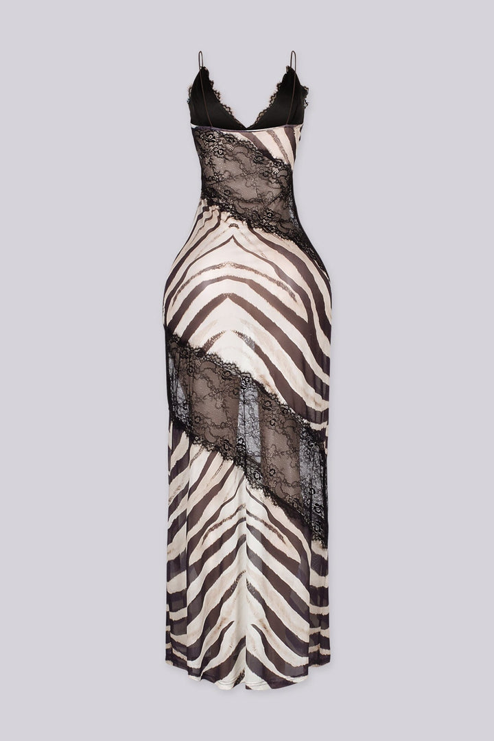 Animal print maxi slip dress featuring V neckline with spaghetti straps and sheer black lace spliced paneling