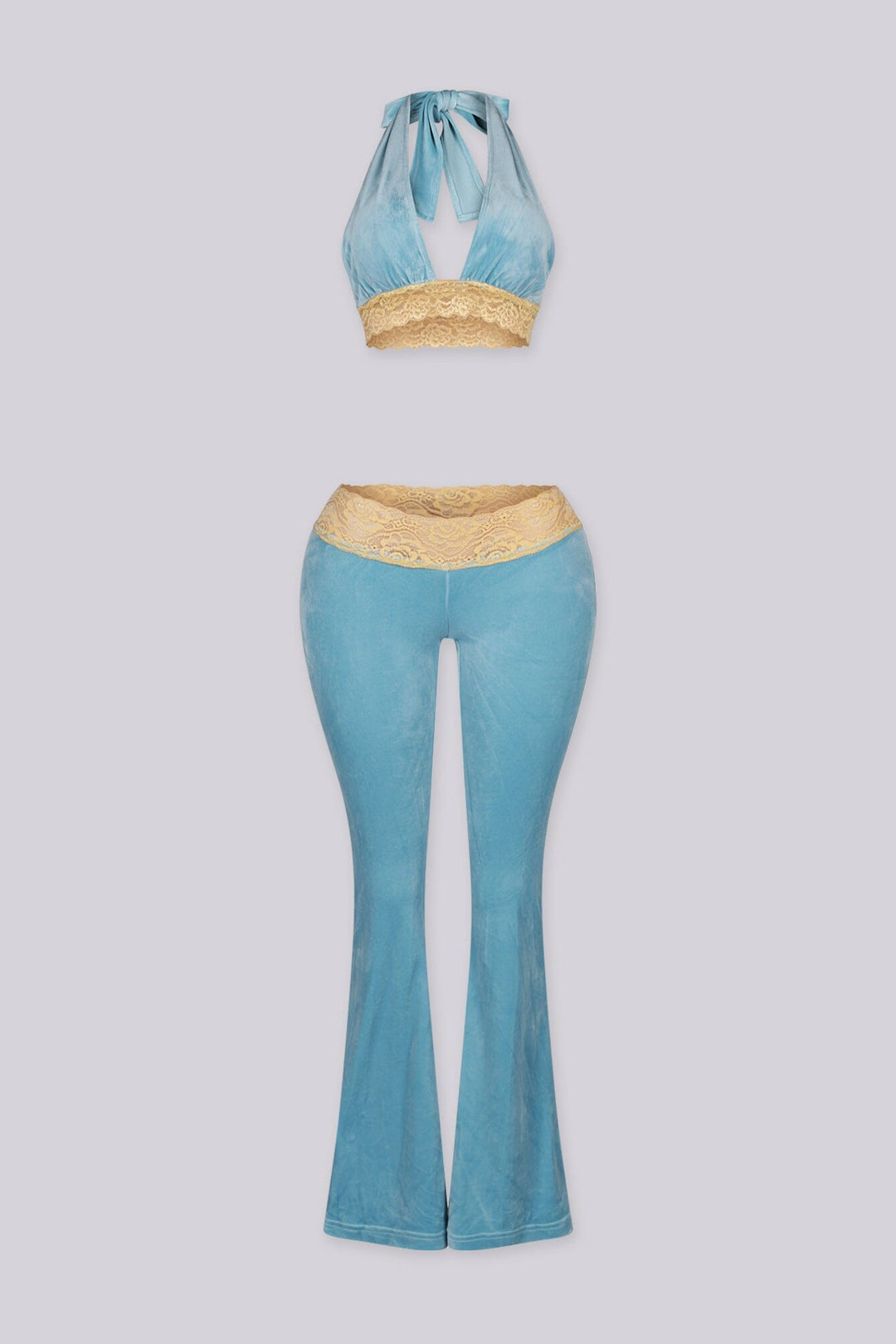 Halter top with lace neckline and slip on closure
Flare pants with lace waistband
