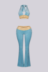 Halter top with lace neckline and slip on closure
Flare pants with lace waistband