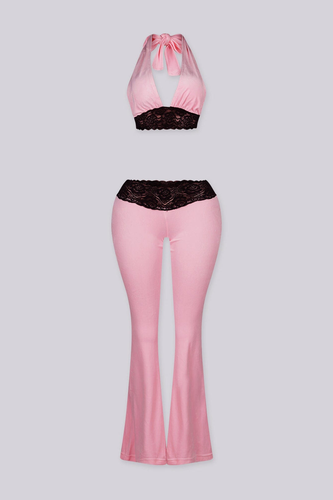 Halter top with lace neckline and slip on closure
Flare pants with lace waistband