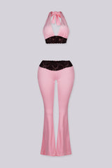 Halter top with lace neckline and slip on closure
Flare pants with lace waistband