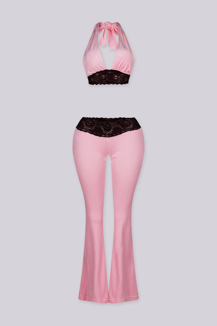 Halter top with lace neckline and slip on closure
Flare pants with lace waistband