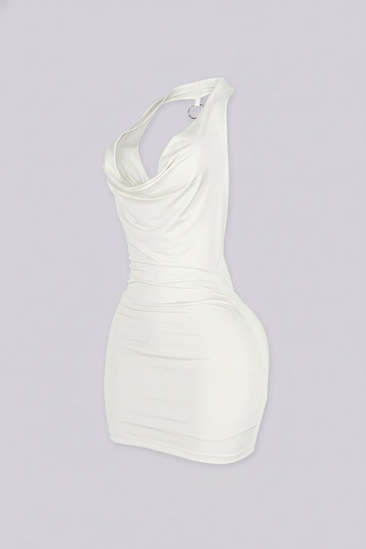 Soft cowl neckline mini dress with a silky drape that falls naturally
Open back halter design with O-ring chain detail for a bold finish