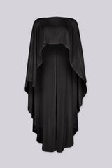 Sheer mesh cropped top with a wide boat neckline featuring sleeves flow into dramatic elongated cascading points that sweep down past the floor