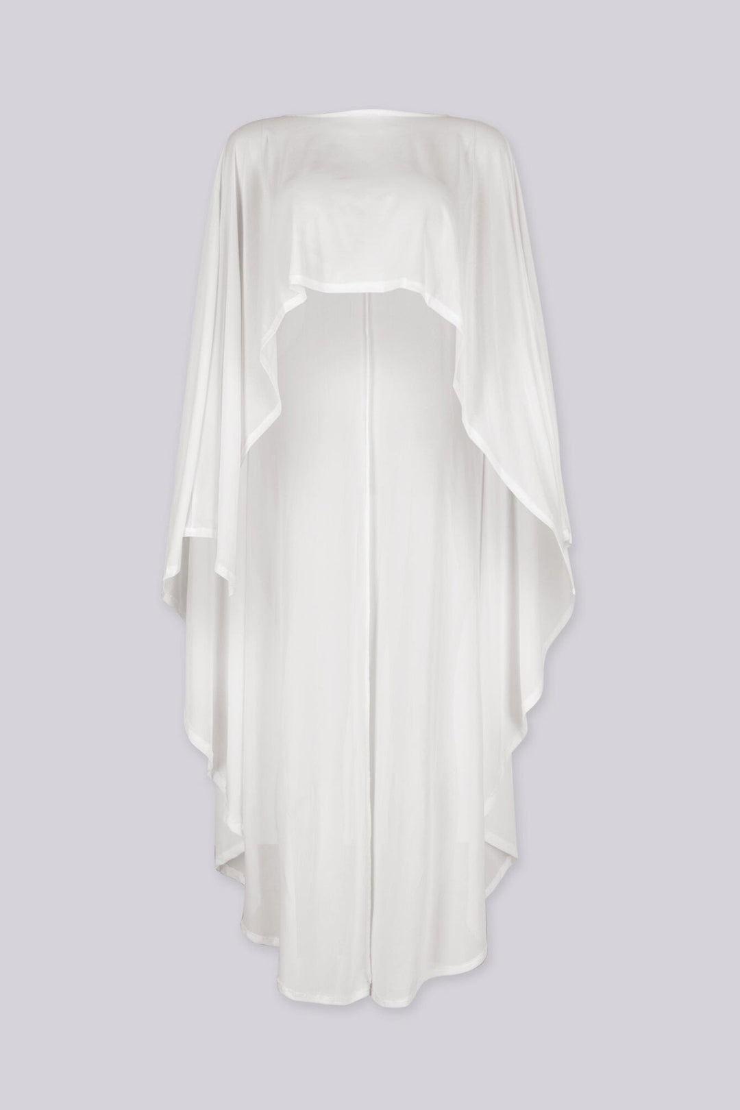 Sheer mesh cropped top with a wide boat neckline featuring sleeves flow into dramatic elongated cascading points that sweep down past the floor